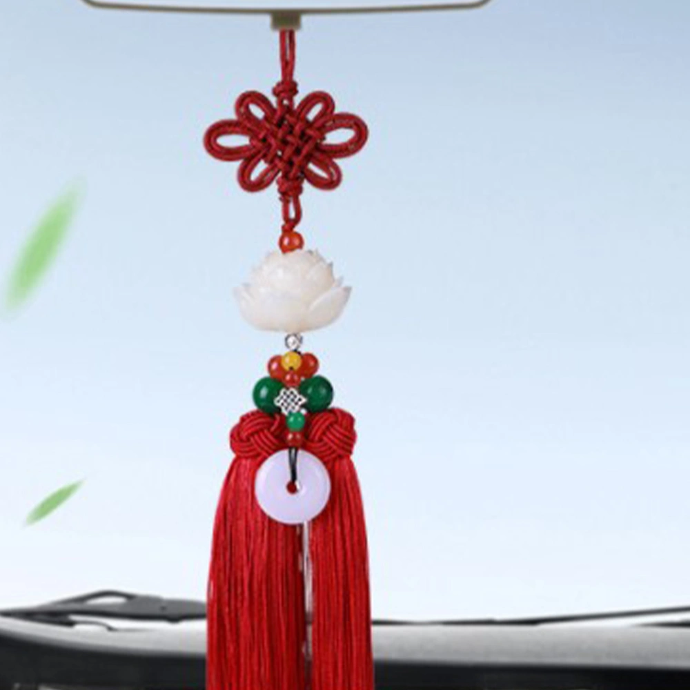 Tassel Car Hanging Decor Chinese Knot Car Pendant Lotus Hanging Ornament for Vehicle Car Truck (Red)