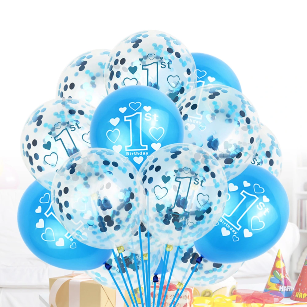 15pcs in 1 Set First Birthday Confetti Balloons Ornaments Set Baby Party Latex Balloons Party Supplies Layout Decorations with Random Color 10M Ribbon(5pcs Blue Printing Balloons and 5pcs Blue Printing Confetti Balloons and 5pcs Blue Confetti Balloons)