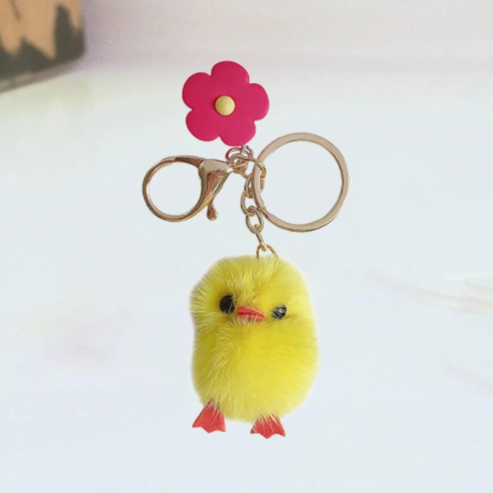 Plush Chick Keyring Pendents Doll Key Holder Hanging Ornament For Bag Car Key (Little Yellow Chicken + Red Flower)