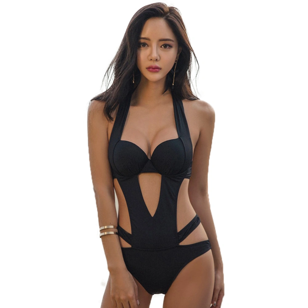 Lady Sexy Hollow Out One Piece Bikini Swimsuit Summer Swimwear Beachwear - Size XL (Black)