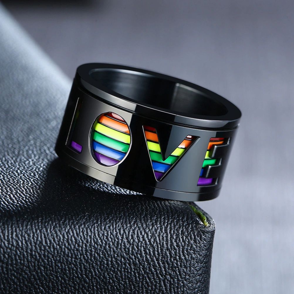 Rotatable Rainbow Rings Stainless Steel Rings Men Finger Ring Unique Finger Ring Black Size 10