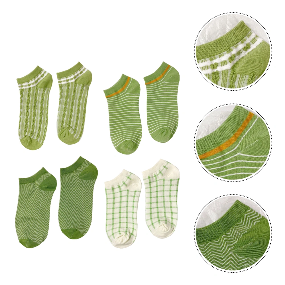 4 Pairs Spring Summer Women Socks Leisure Short Tube Ship Socks (White Green)