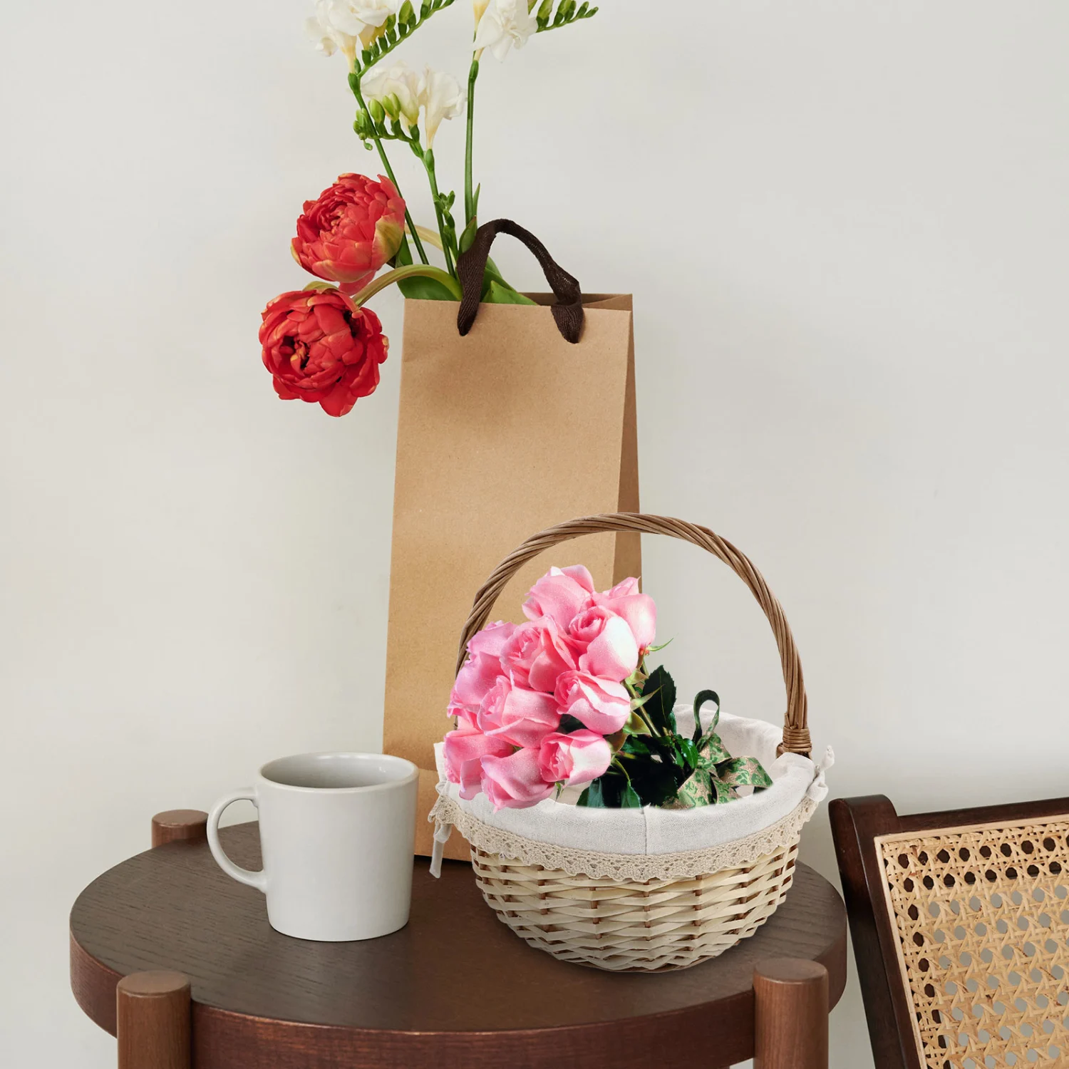 1PC Rattan Woven Linen Storage Basket Handheld Picnic Basket Fruit Storage Basket