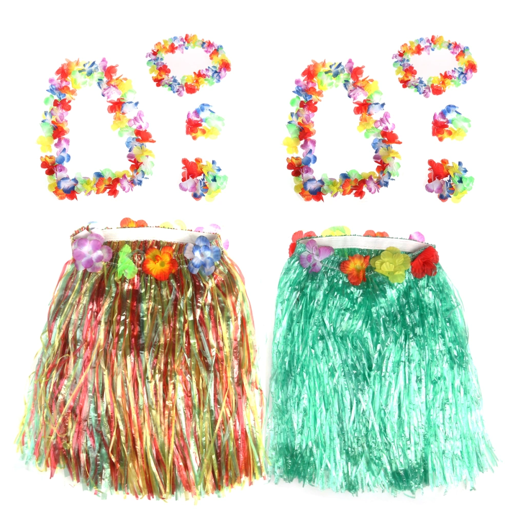 2 Set 40cm Hawaii Tropical Hula Grass Dance Skirt & Flower Bracelets & Headband & Necklace Set (Colorful & Green)