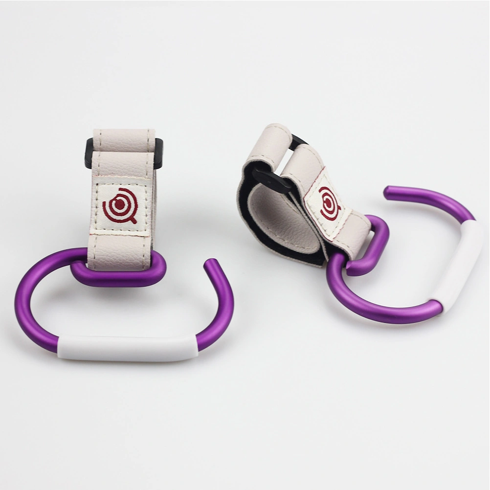 Baby Stroller Hook Clips Convenient Stroller Accessories Baby Stroller Hanger for Hanging Diaper Bags Purse Stroller Organizer (White Belt, Purple Hook)