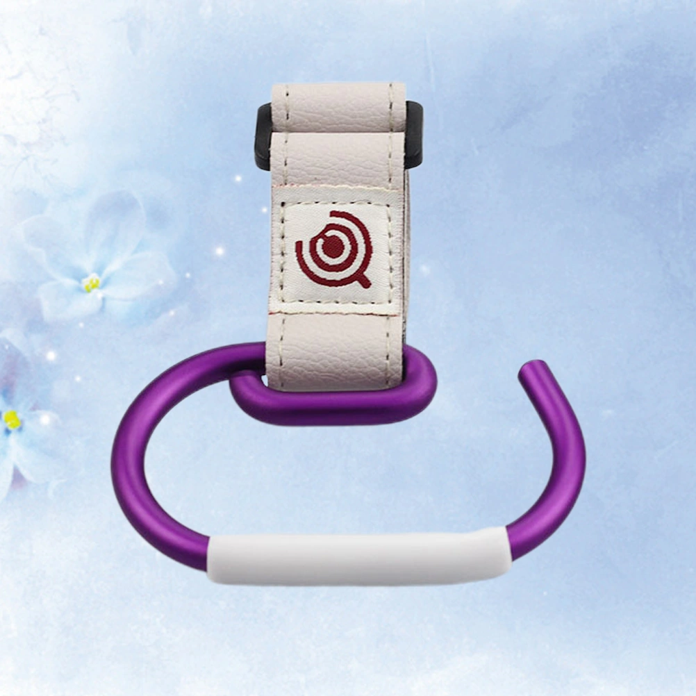 Baby Stroller Hook Clips Convenient Stroller Accessories Baby Stroller Hanger for Hanging Diaper Bags Purse Stroller Organizer (White Belt, Purple Hook)