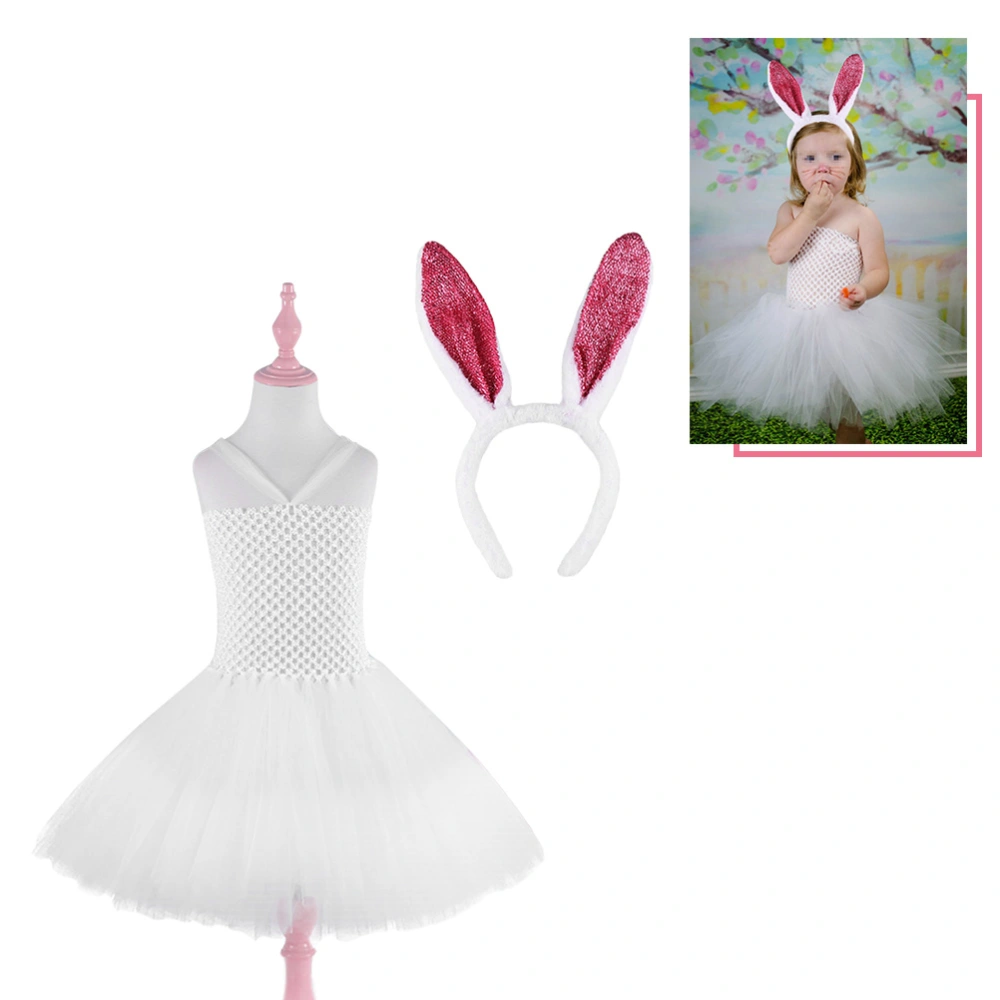 Girls Easter Bunny Bubble Skirt Rabbit Ears Headwear Set Sleeveless Dress Party Costume Suit for Kids Children (White) (140cm)