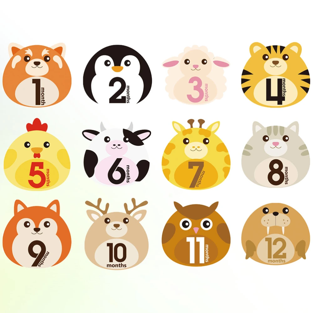 12 Sheets Animal Design Baby Twelve Monthly Stickers Milestone Self-adhesive Decals for Newborn Baby