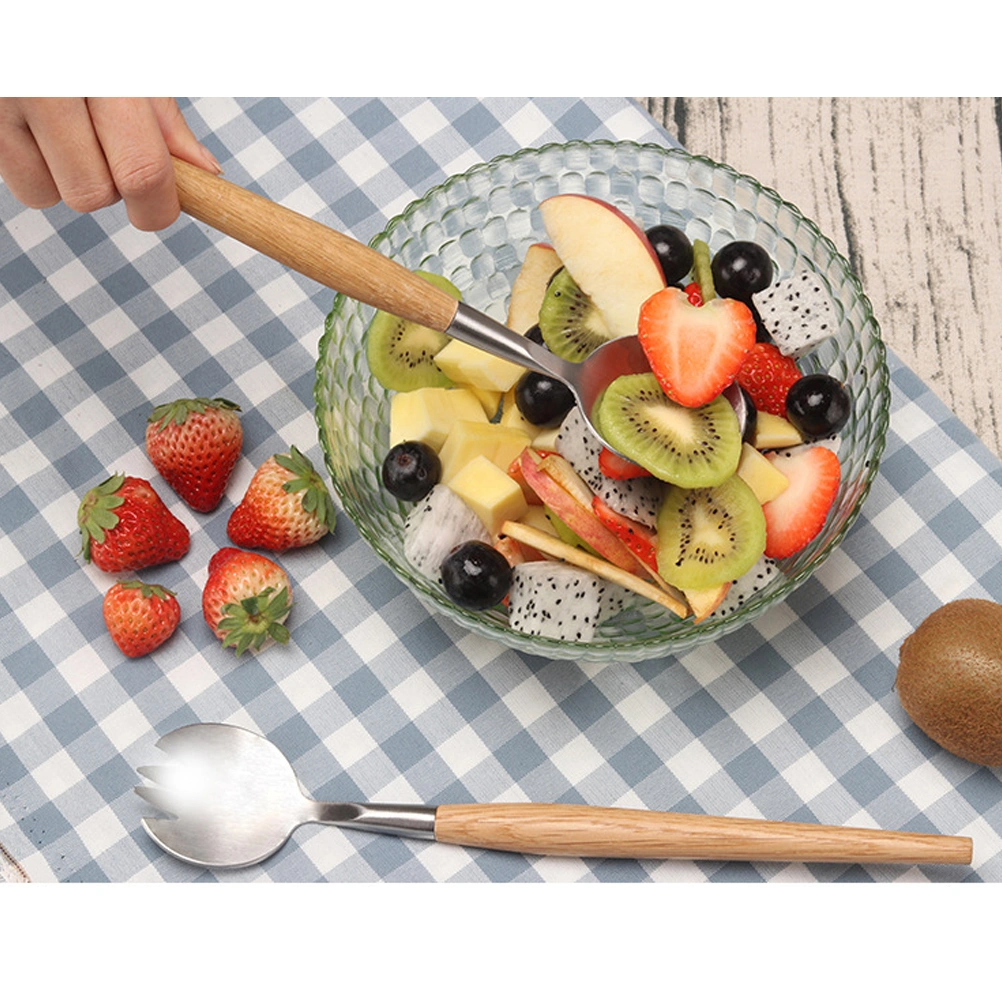 Stainless Steel Salad Fork Wooden Handle Fork Multifunctional Tableware Food Serving Fork for Home Daily Use