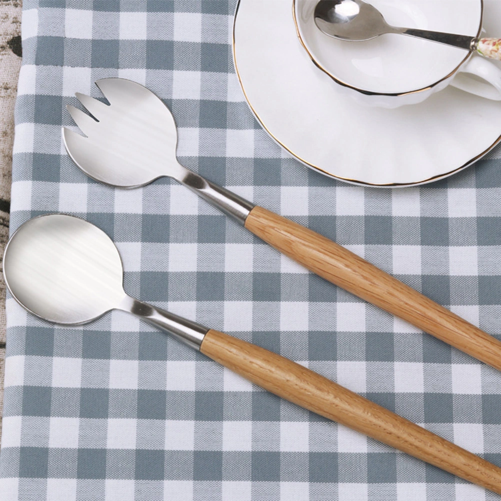 Stainless Steel Salad Fork Wooden Handle Fork Multifunctional Tableware Food Serving Fork for Home Daily Use