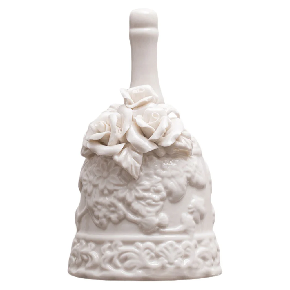 1pc Vintage Carved Hand Bell Adornment Ceramic Desktop Ornament (White)