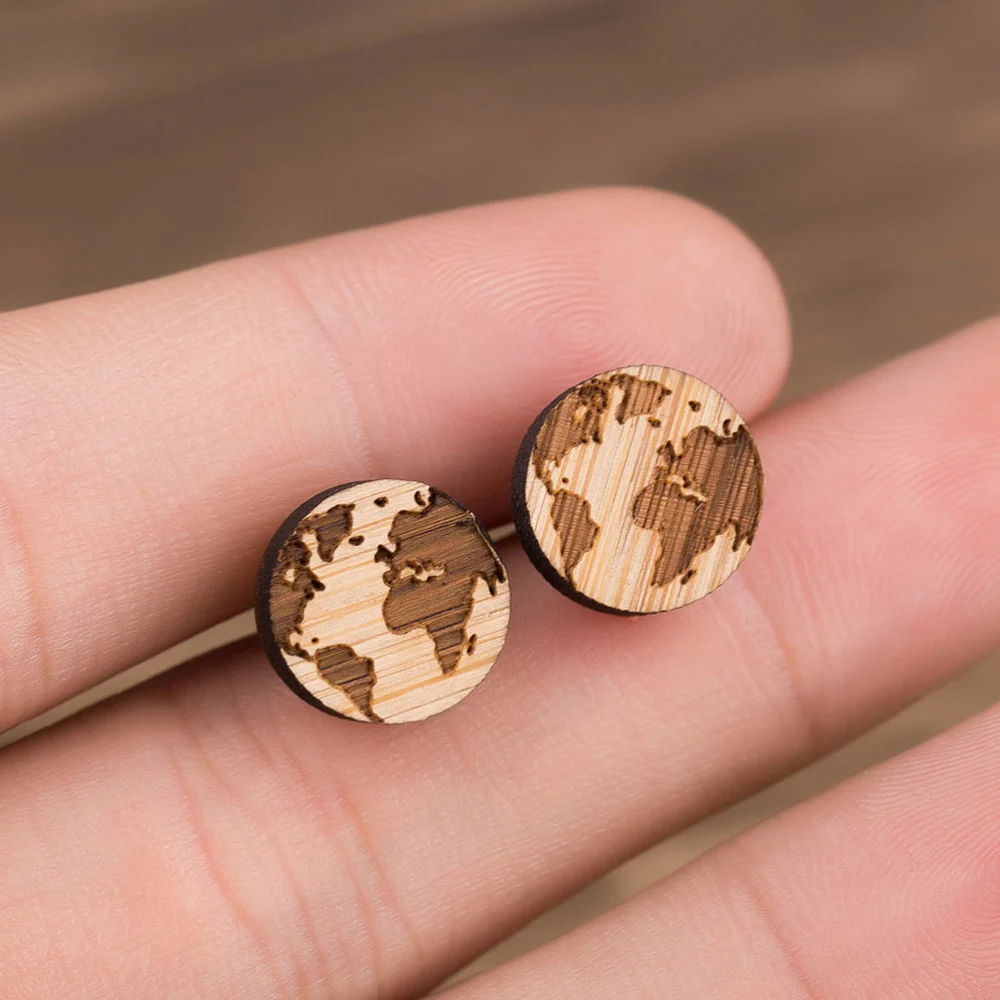 1 Pair World Map Shape Stud Earrings Creative Jewelry Wooden Ear Studs for Girls