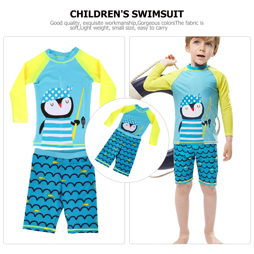 Boy Long Sleeve Swimming Sunsuit Rash Guard Swimsuits(Blue Penguin Pattern)