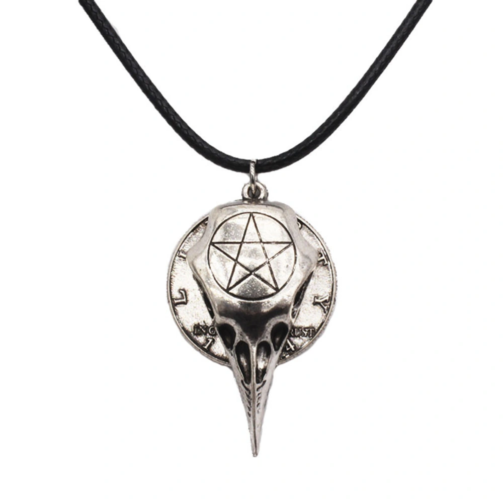 Steampunk Crow Head Shape Decoration Five-pointed Star Cross Pattern Pendant Necklace with Leather Cord Silver