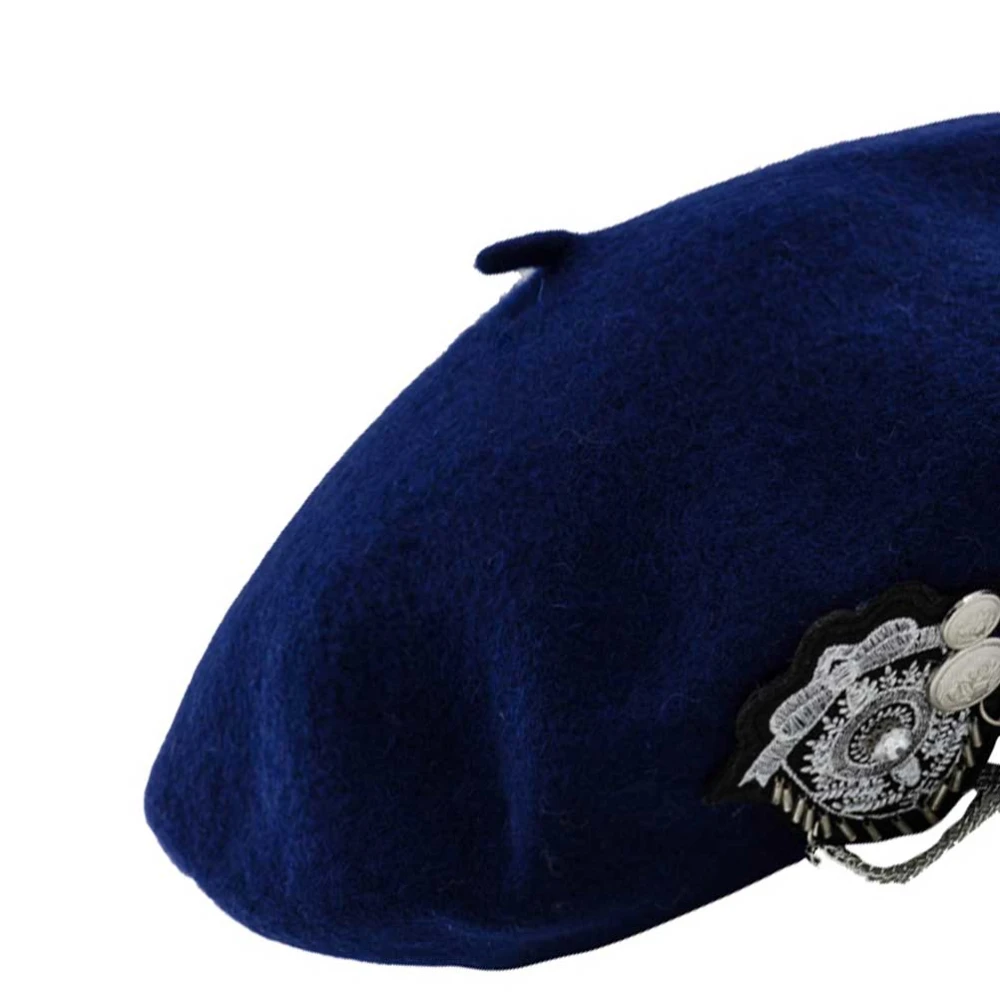 Women Beret with Medal Stewardess Hat Wool Flight Attendant Hat Costume Air Hostess Dark Blue