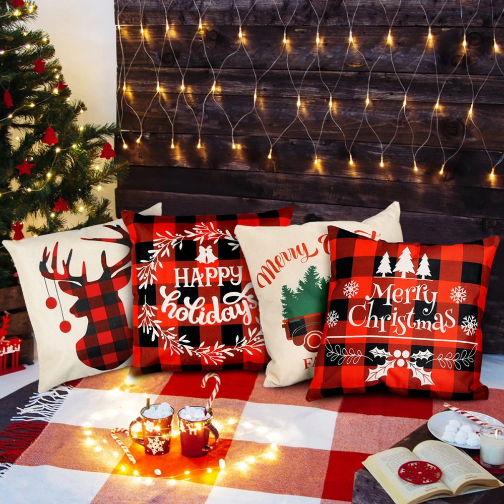 Yardwe 4pcs Christmas Pillow Covers Linen Square Throw Pillow Cases Festive Merry Christmas Cushion Covers for Couch Sofa Bed 18x18"