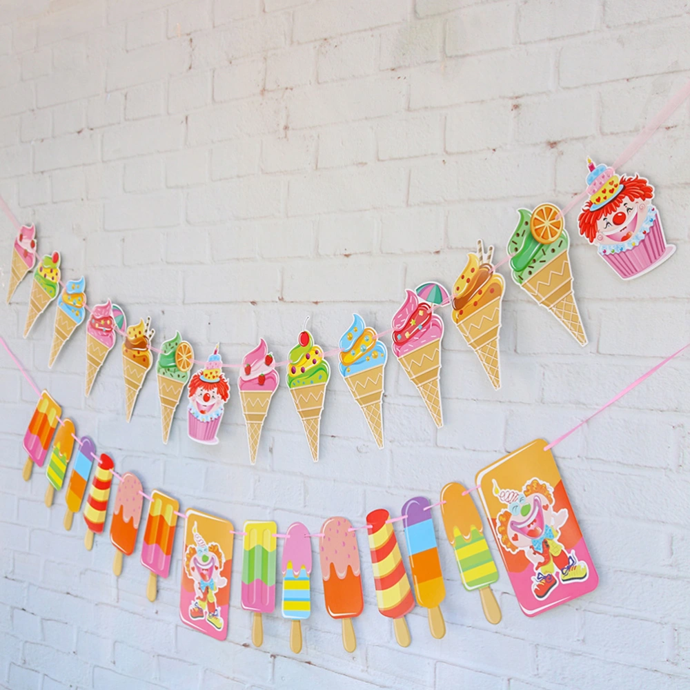 Paper Banners Colorful Ice Cream Shape Pull Flag Decorative Summer Theme Pull Garland Party Bunting for Party Carnival Banquet