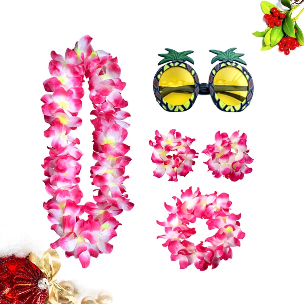 5pcs Hawaii Pineapple Eye Glasses Funny Cosplay Glasses Beautiful Garland Flower Headdress Bracelet (Rosy Sets, Pineapple Eyeglasses)