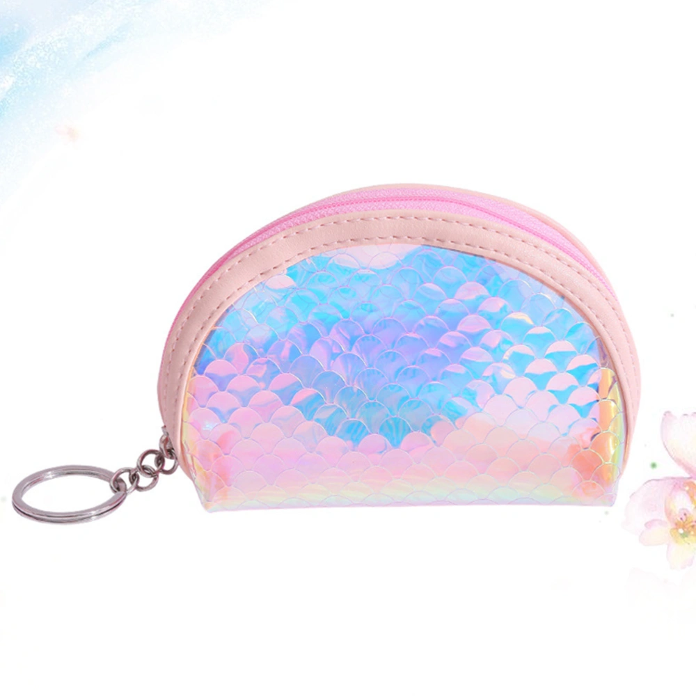 2 Pcs Maiden Style Holographic Purses TPU Fish Scales Pattern Shiny Handbag Hand Hold Wallet with Zipper for Bank Cards Money - Blue Semicircle+Pink Semicircle