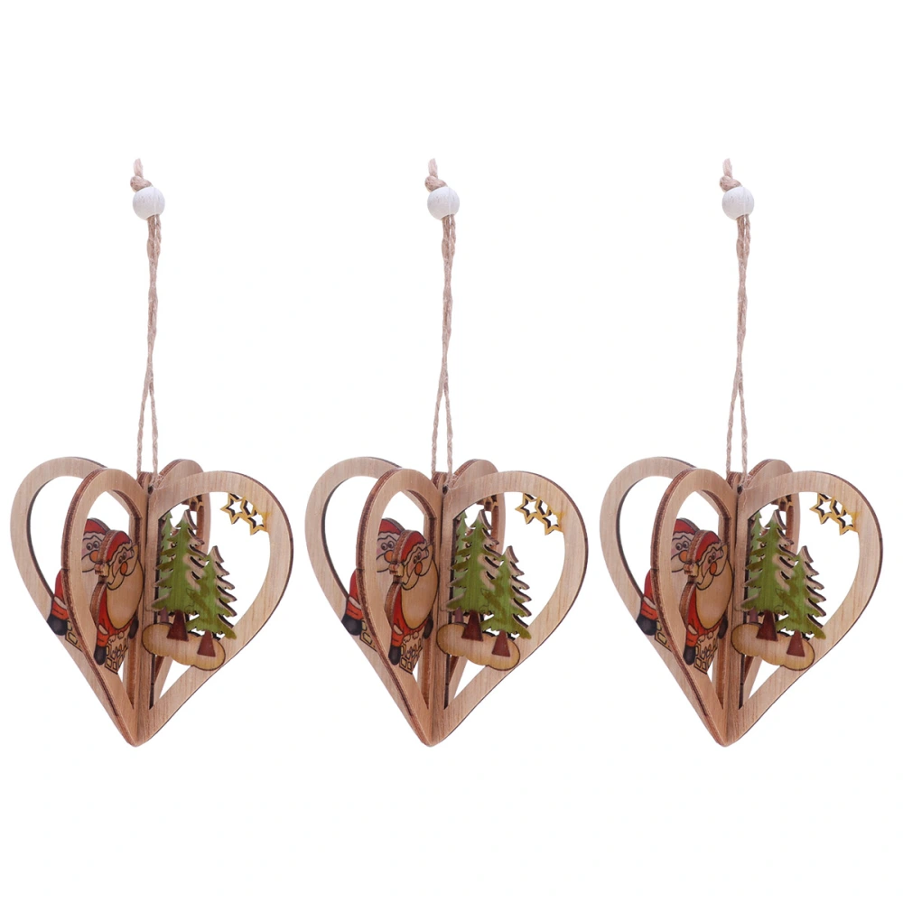 3PCS 3D Christmas Wooden Heart Decoration DIY Colored Printing Hanging Ornament Party Pendant for Christmas Tree Home Cafe (Santa and Tree)