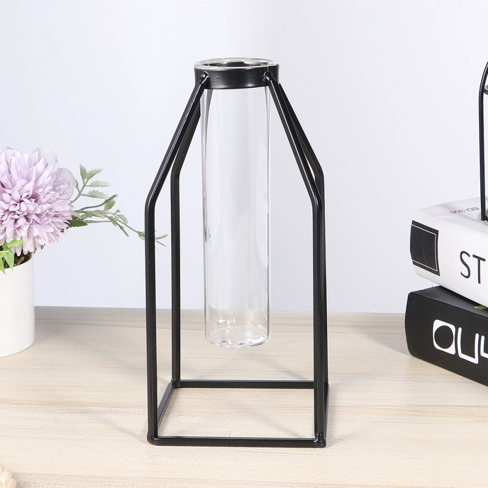 1Pc Iron Art Decoration Glass Tube Vase Hydroponics Planter Green Plant Container Flower Arranging Tube (Square)