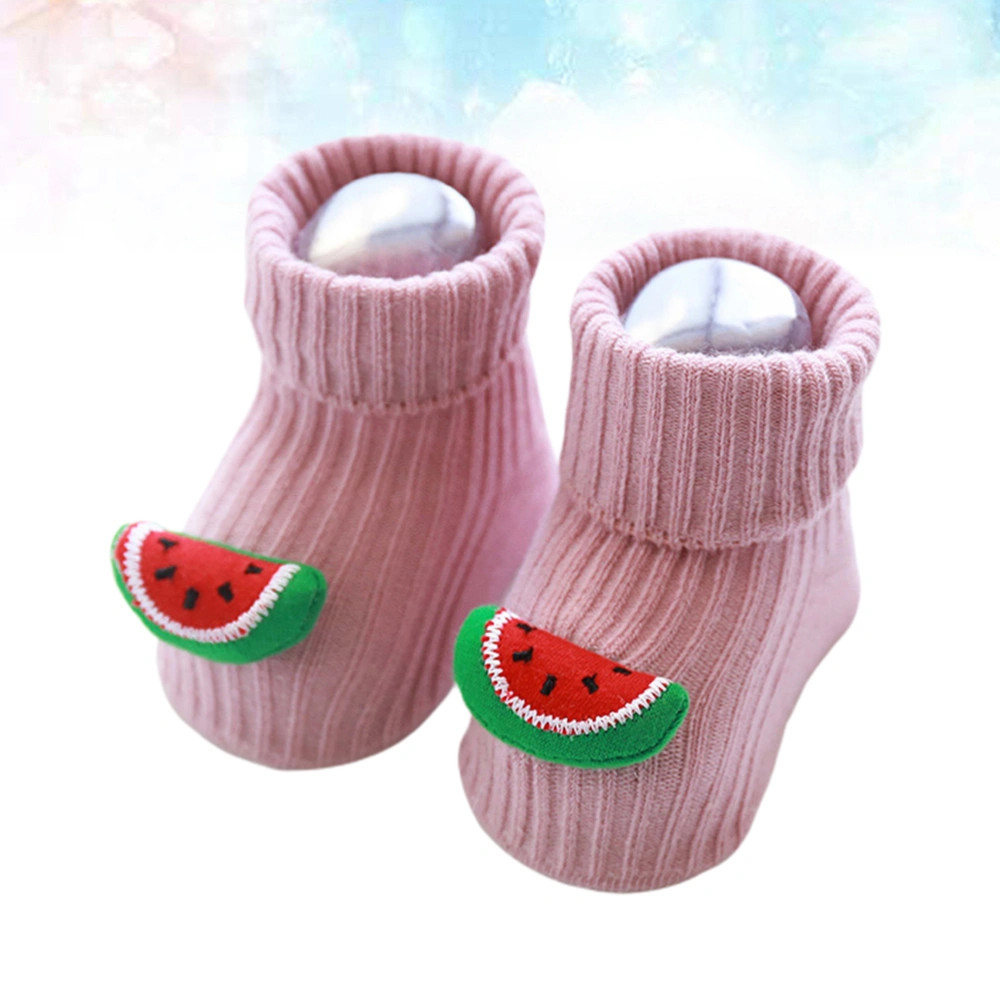 Autumn and Winter Baby Floor Socks Dispensing Anti-slip Baby Cotton Socks Comfortable Toddlers Footwear - Pink Watermelon (Size S, Suit for 0-1 Years Old)