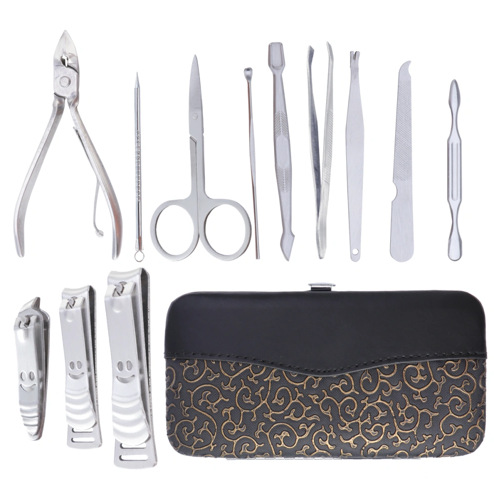 12pcs Nail Care Personal Manicure Pedicure Set, Travel Grooming Kit Tool Set with Golden Pattern Case