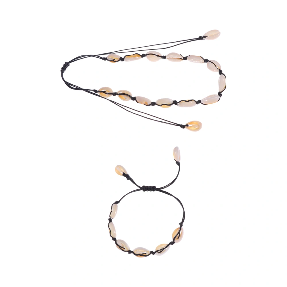 Natural Shell Braided Bracelet Set Simple Women Decoration Necklace Bracelet (Black)