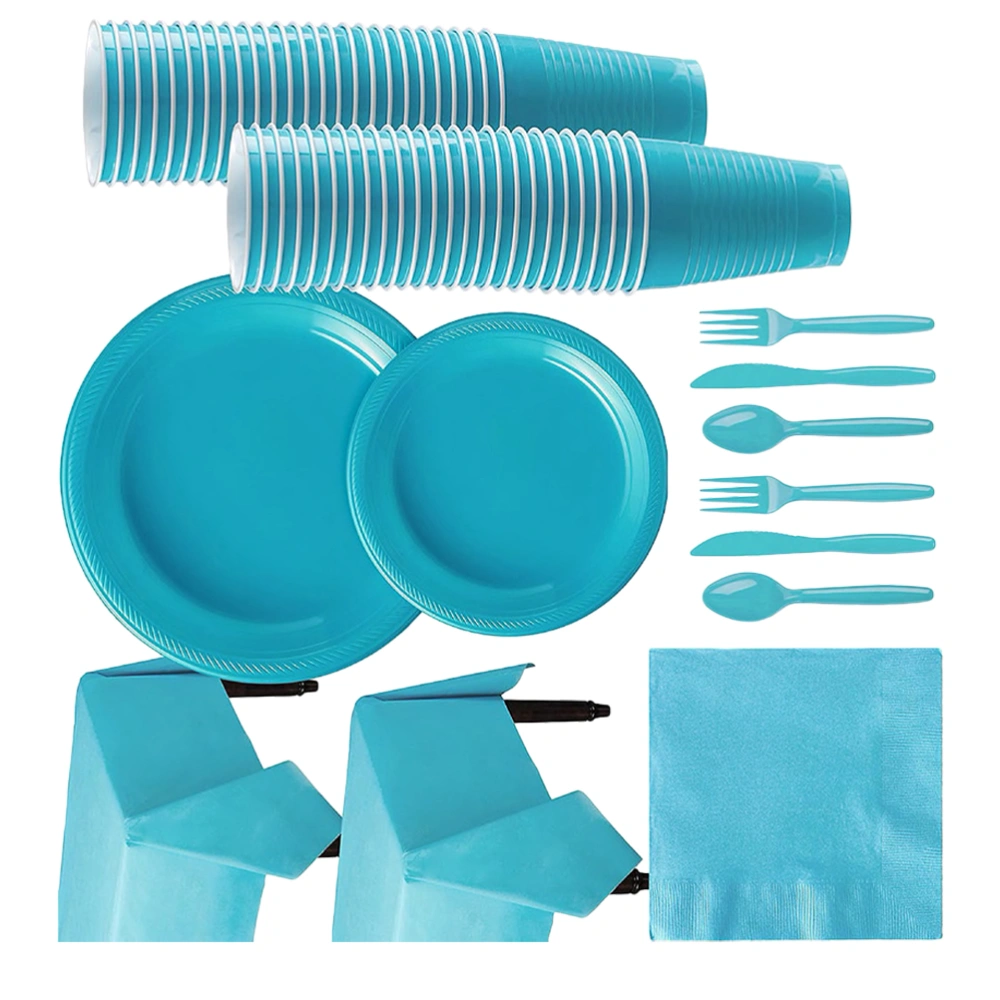 1 Set of 142PCS Disposable Birthday Tableware Set Birthday Party Dinnerware Set Single Color Disposable Cutlery Kit Disposable Plastic Plates Cups Tablecloth Kit for Birthday Party Supplies (Blue)