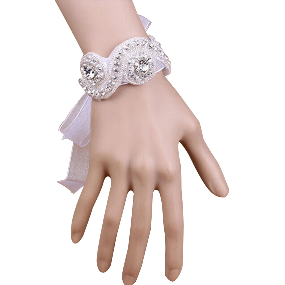 Delicate Women's Wedding Bridal Rhinstone Ribbon Decor Bracelet Wristband with Ring