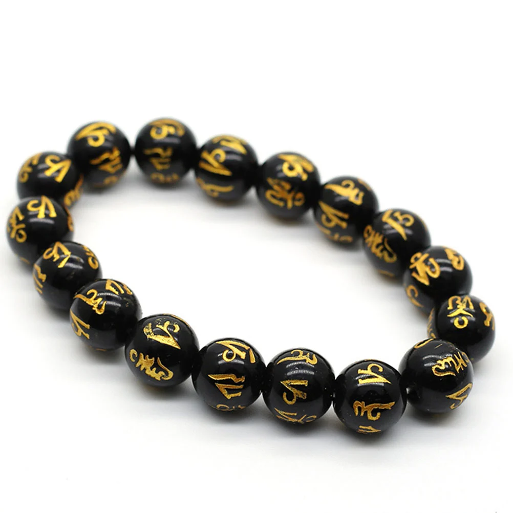 18 10mm Agates Black Stone Wrist Chain Buddhism Prayer Beads Bracelets Om Mani Padme Hum Bangle for Men Women