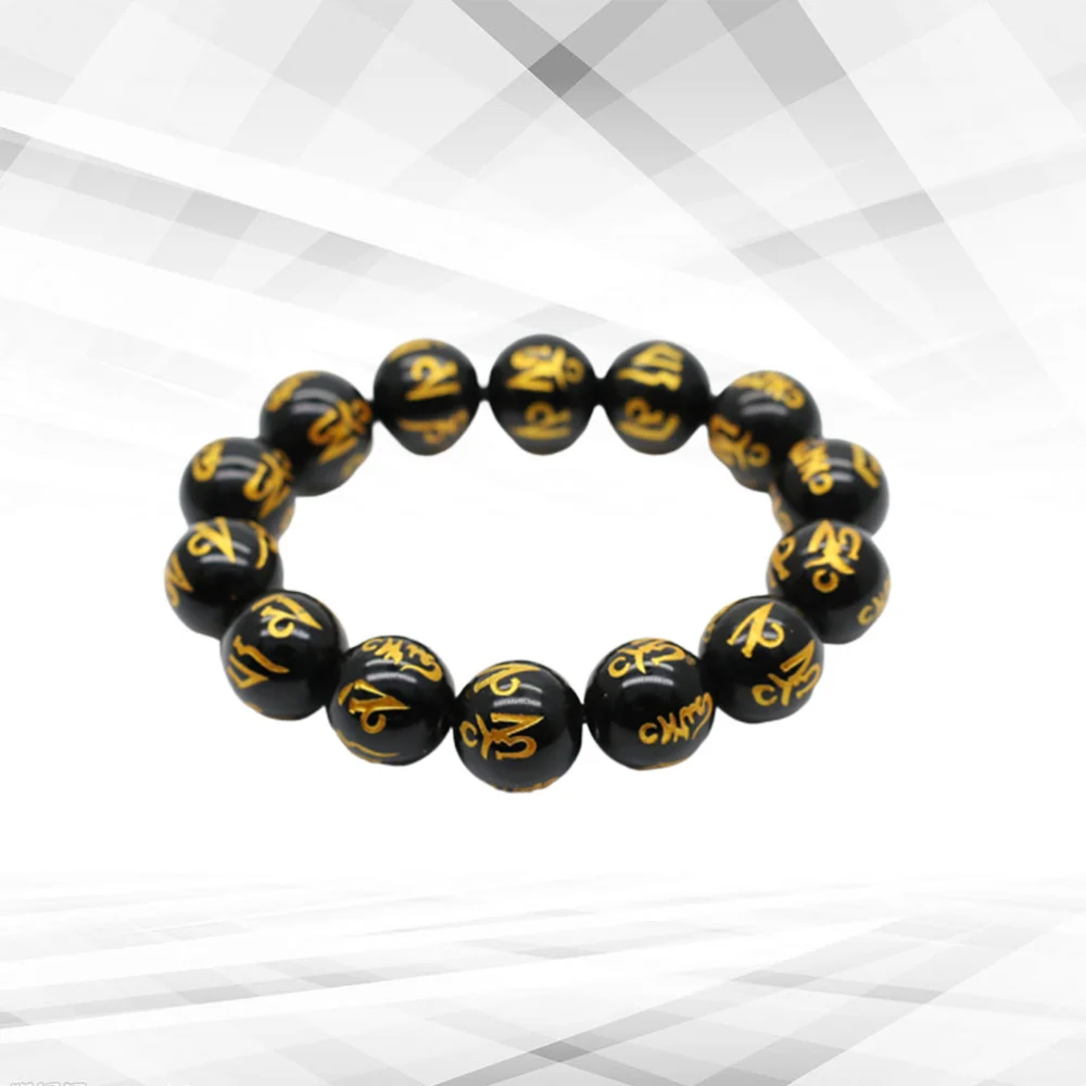 18 10mm Agates Black Stone Wrist Chain Buddhism Prayer Beads Bracelets Om Mani Padme Hum Bangle for Men Women