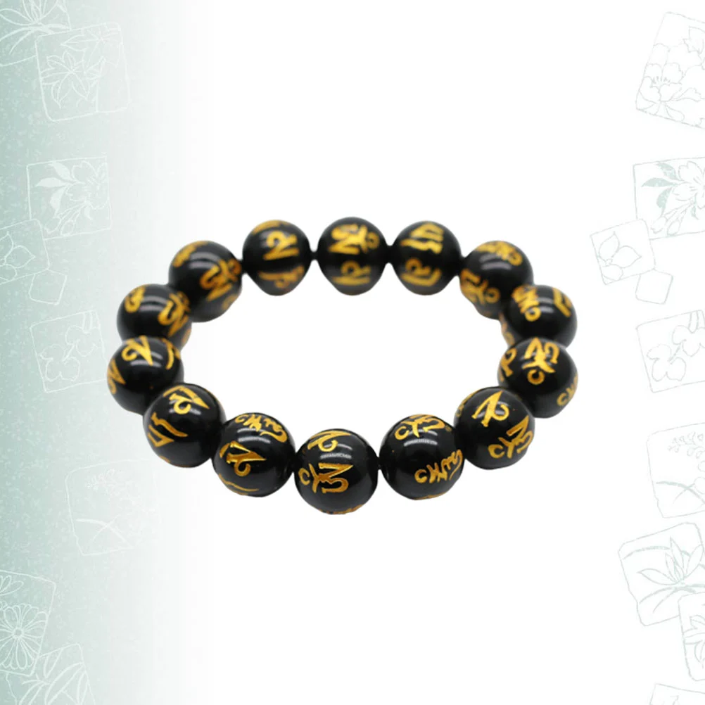 18 10mm Agates Black Stone Wrist Chain Buddhism Prayer Beads Bracelets Om Mani Padme Hum Bangle for Men Women