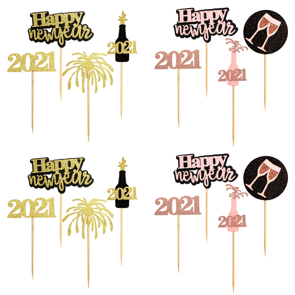 16Pcs Stylish 2021 Paper Cake Toppers Dessert Decorations for New Year Party