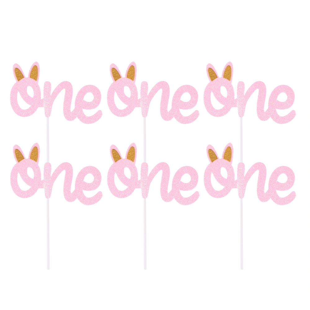 6 Pcs Cake Toppers Creative Pink One with Rabbit Ear Cake Insert Baby First Birthday Cake Fruit Picks Dessert Table Decoration Supplies for Wedding Birthday (Pink)