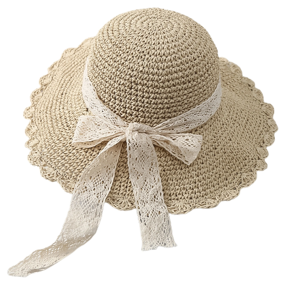 1Pc Lace Bowknot Design Straw Hat Summer Beach (Detachable Lace Belt)