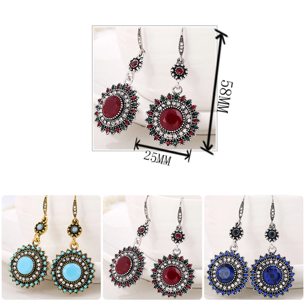 1 Pair Bohemian Ear Hooks Ethnic Style Earrings Flower Design Eardrops Long Danglers Ear Jewelry Silver and Blue