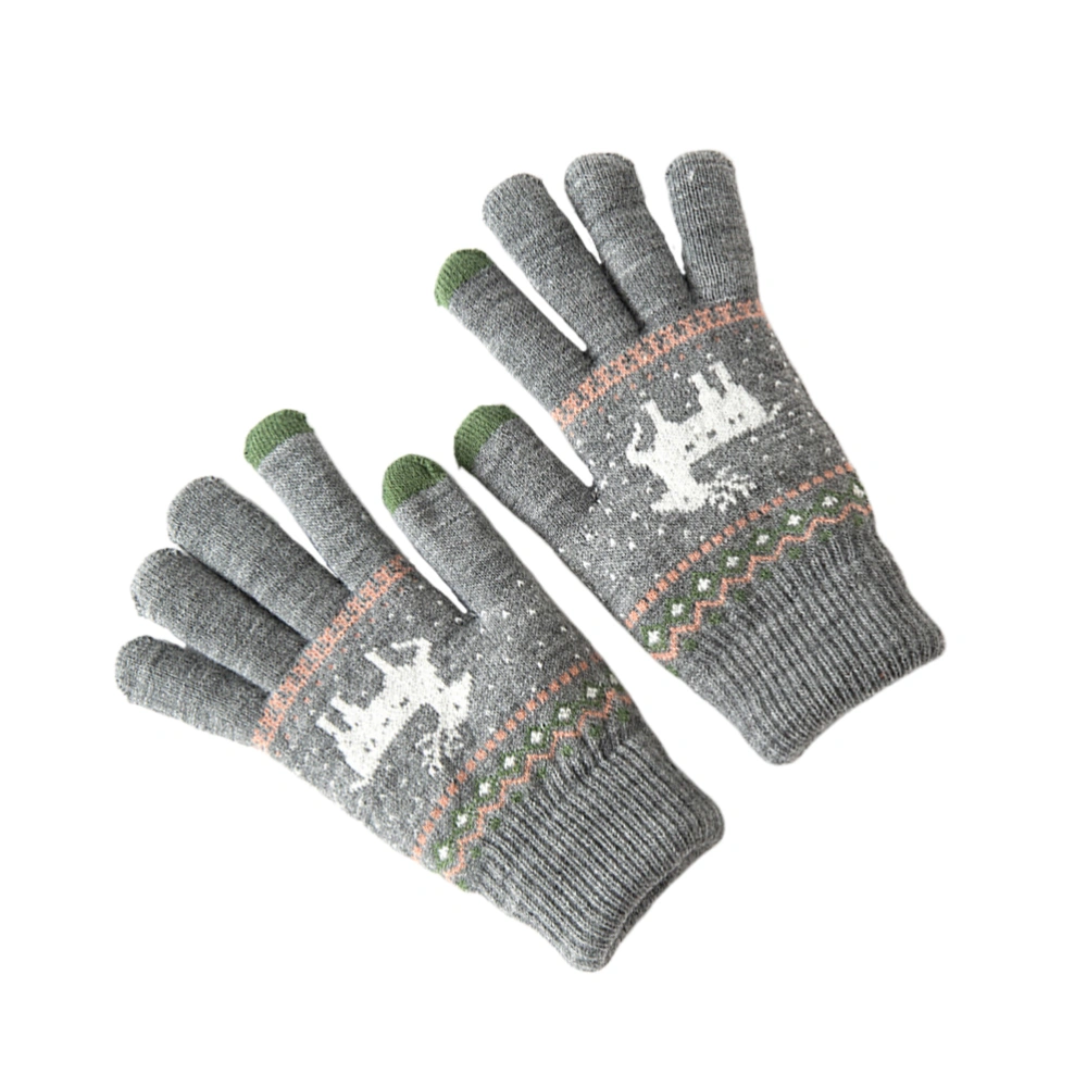 1Pair Touch Screen Gloves Deer Pattern Gloves Women Men Warm Winter Stretch Knit Mittens Full Finger Gloves (Grey Fingertip Color for Random)