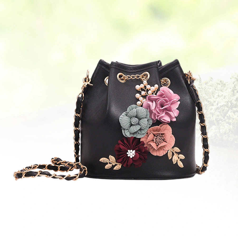 Flowers Small Fresh Shoulder Slung Clip Small Size Women's Bag Bucket Bag Black