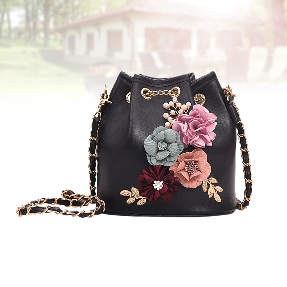 Flowers Small Fresh Shoulder Slung Clip Small Size Women's Bag Bucket Bag Black