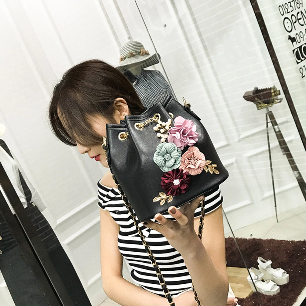 Flowers Small Fresh Shoulder Slung Clip Small Size Women's Bag Bucket Bag Black