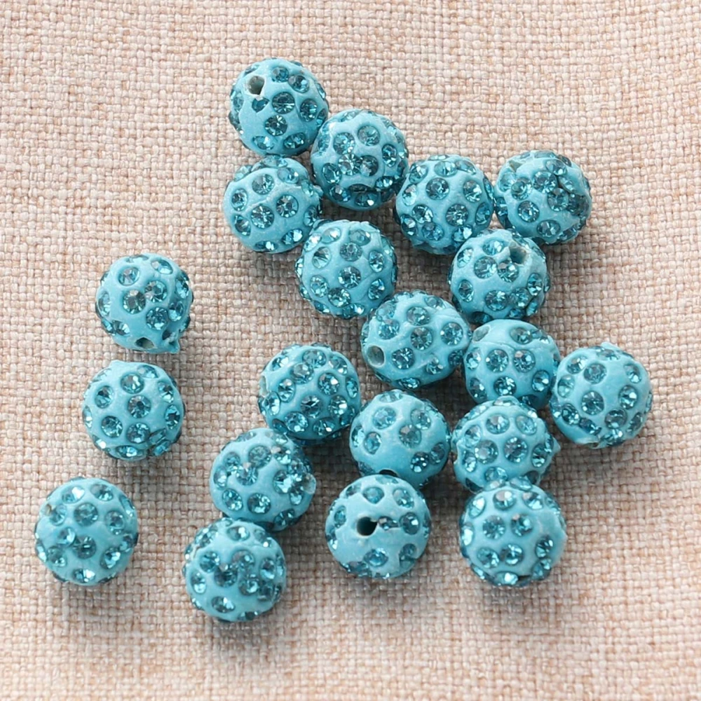 20PCS 10MM Round Straight Holes Drilling Balls Rhinestone Spacer Beads Crystal Clay Czech Disco Balls DIY Beads Jewelry Accessories (Lake Blue)