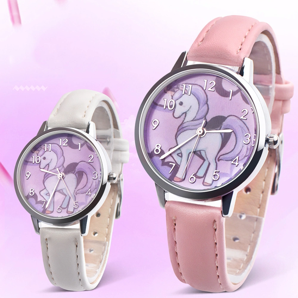 Cartoon Unicorn Pattern Watch Waterproof Wrist Watch Quartz Watch Fashion Cartoon Children Watch Wrist Time Device with Steel Bands (Silver)