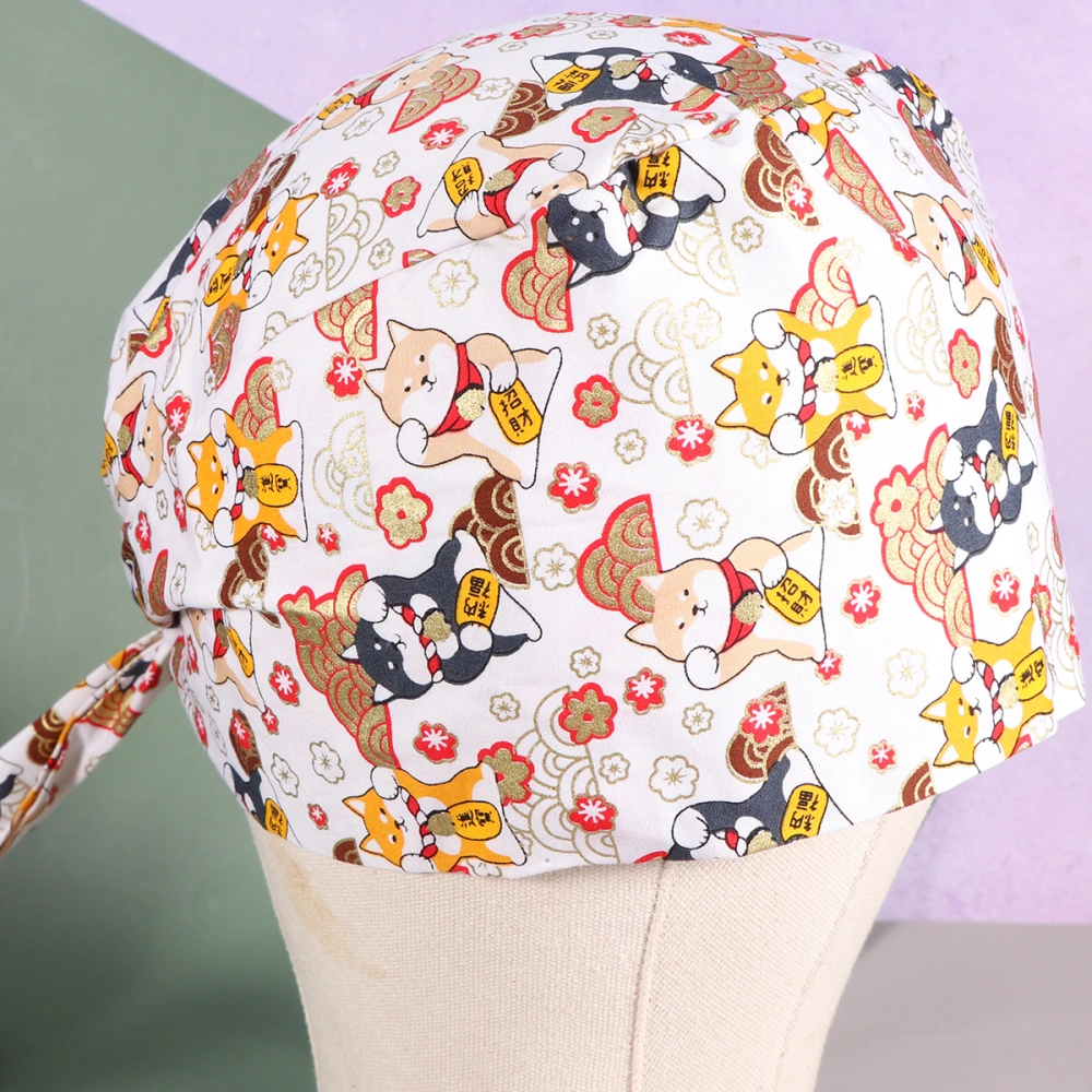 Printed Doctor Hat Strap Cotton Nurse Hat Comfortable Working Breathable Headdress (Coffee Cat Strap)