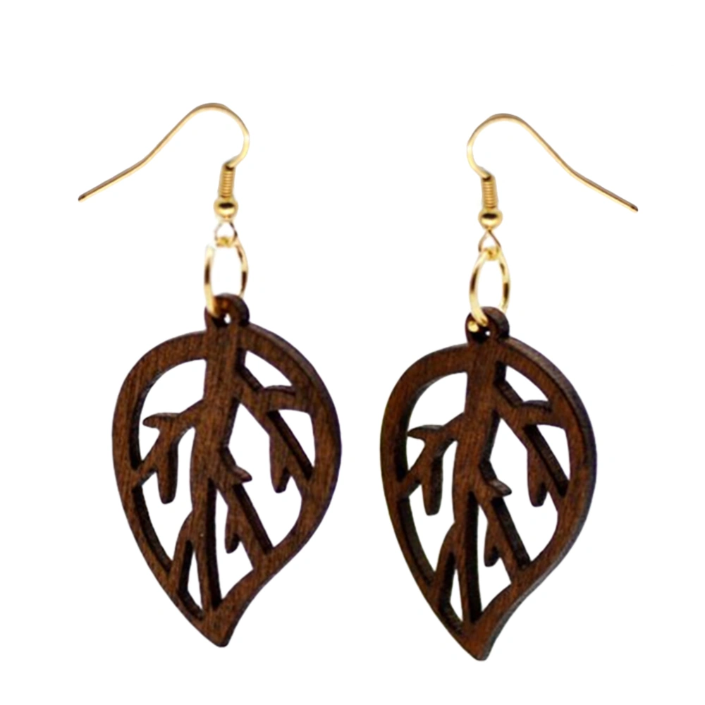 1 Pair Wood Leaves Earrings Hollow out Long Ear Drop Pieced Earring for Women Girls