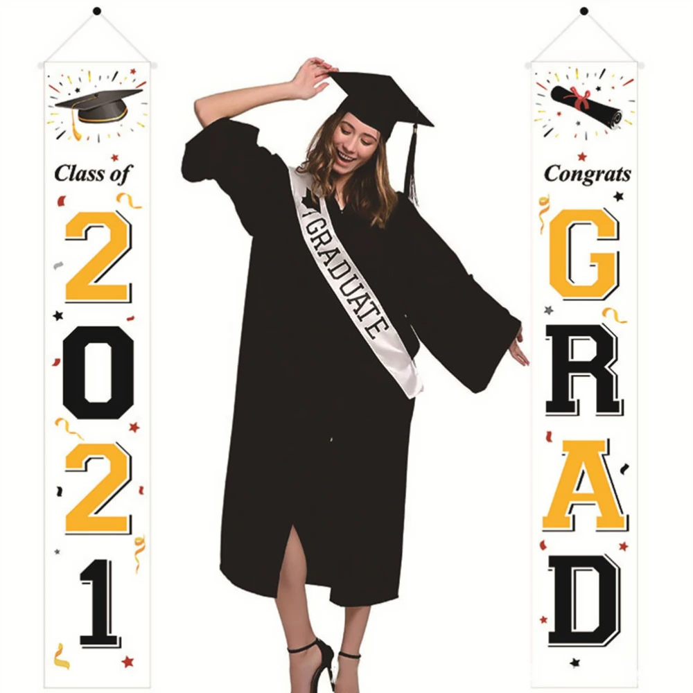 1 Pair 2021 Graduation Theme Hanging Sign Graduation Party Front Door Flag