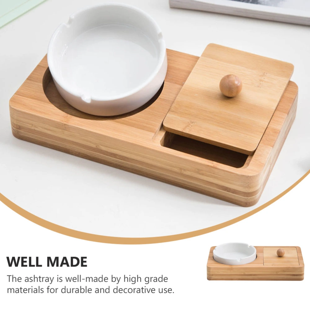 1 Set Ceramic Ashtray with Tray Ash Container Cigarette Butt Container (Wood)