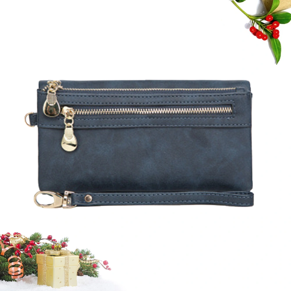 PU Leather Vintage Handbag Billfold Long Wallet Multipurpose Purse for Women Girls (Dark Blue)