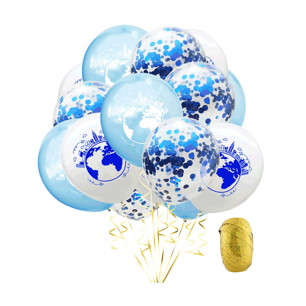 1 Set of 12 Inches World Map Pattern Latex Balloons Sequin Baby Balloons Birthday Party Balloons Decoration with a Ribbon (Light Blue, White, Dark Blue Sequin)