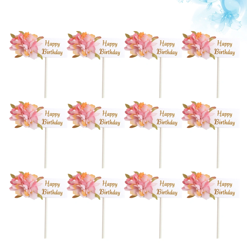 12pcs Cake Toppers Flowers Shaped Exquisite Cake Picks Cake Decoration Party Dessert Insert Favor (Pink)